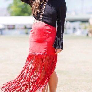 H&M Coachella Red Fringe Suede Boho Festival Skirt Womens Size 6